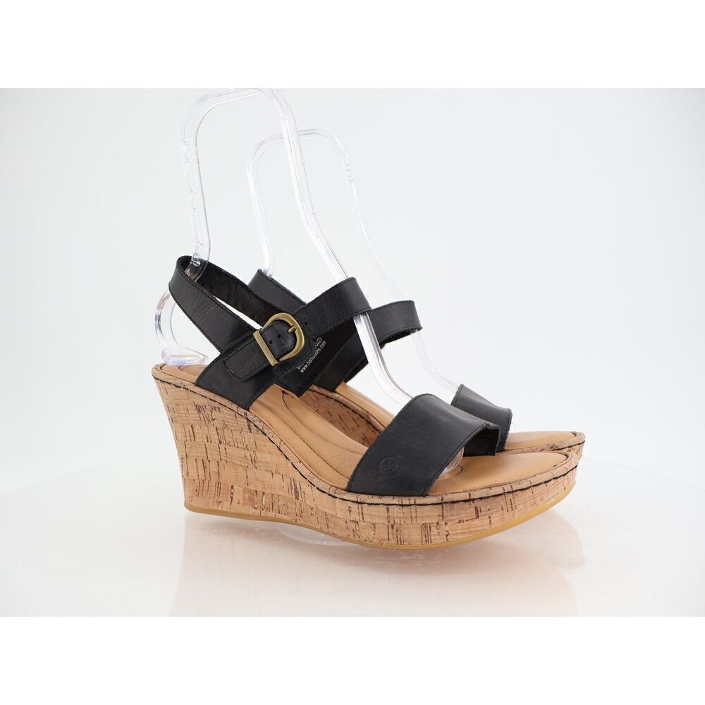 Born Lenore Platform Wedge Sandals Womens Size 11 M Black Leather Buckle Shoes